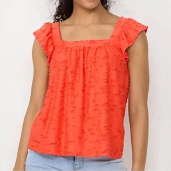 LC Lauren Conrad NWT Coral Ruffled Sleeve Square Neck Cross Back Top - Picture 2 of 12